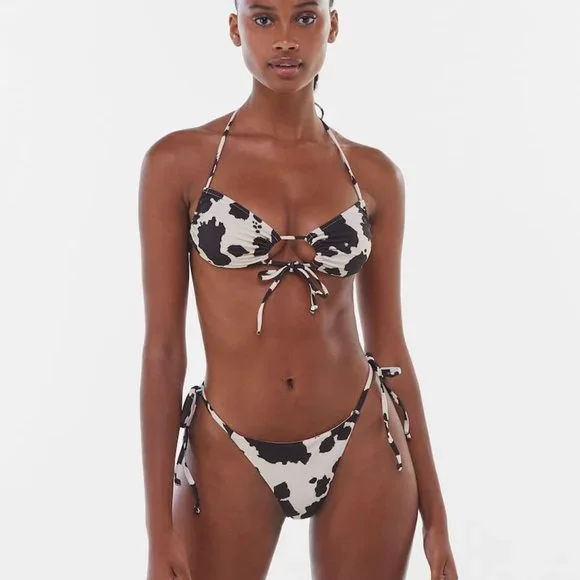 NWT BERSHKA SWIM cow print SEXY bikini SET Top & Bottom Cream Brown - Picture 4 of 9